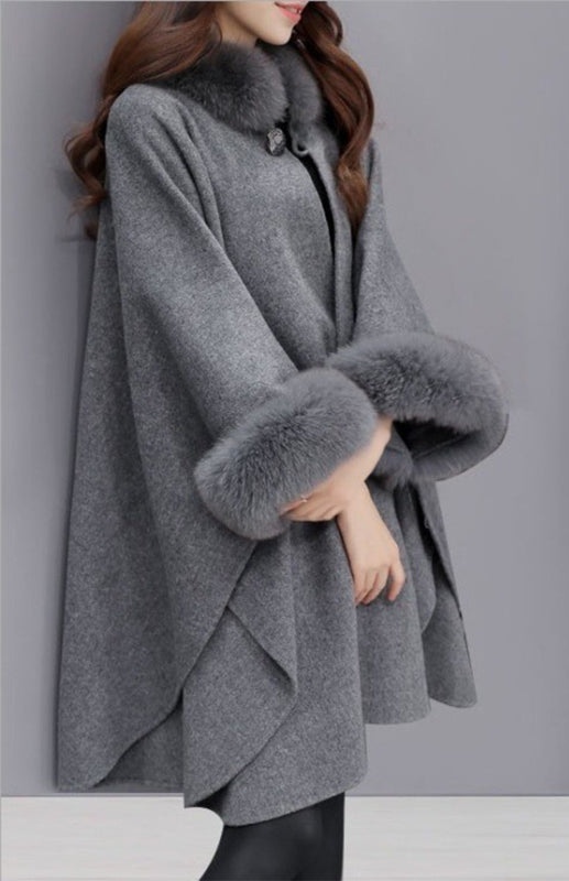 Korean Style Imitation Fur Collar Cape Coat for Women