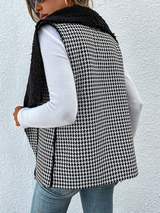 Woman'S Autumn And Winter Temperament Imitation Lamb Wool Stitching Houndstooth Coat Vest