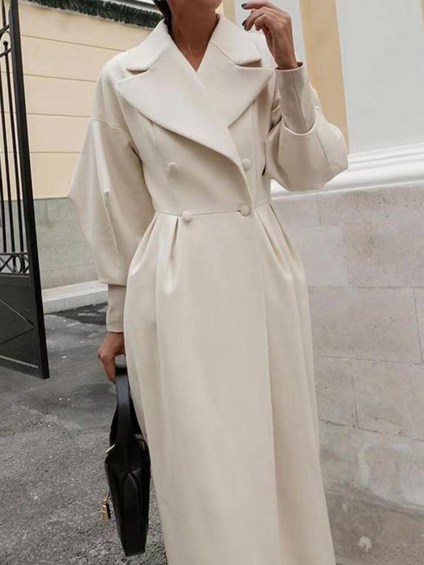 Women’s Long Statement Overcoat With Pleated Waist And Lantern Sleeves