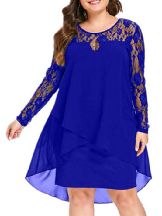 Women’s Plus Size Solid Color Long Sleeve Lace Midi Slit Lace Dress