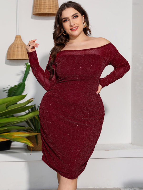 Women’s Plus Size Shimmering Off The Shoulder Lace Long Sleeve Ruched Skirt Midi Dress