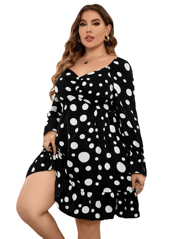 Women's Plus Size Sweetheart Neck Dot Print Ruched Puff Sleeve A Line Minidress
