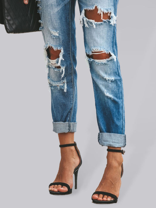 casual washed ripped straight leg street style jeans
