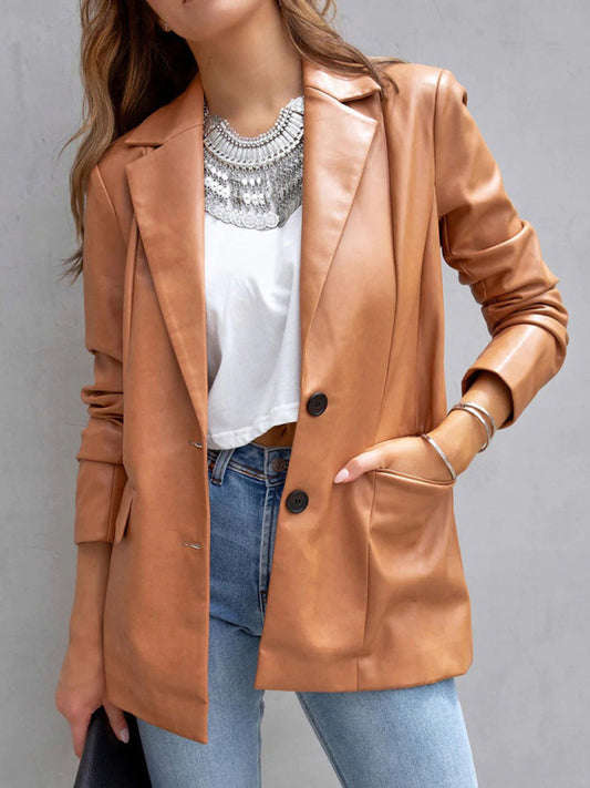 Long Sleeve Button Pu Cardigan Jacket Solid Color Pocket Casual Leather Small Blazer Women's Clothes