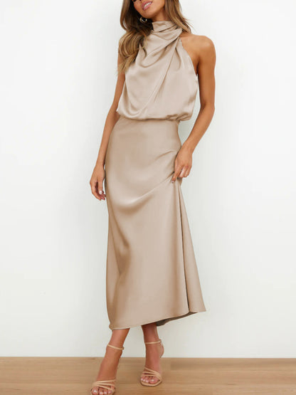 Women's Solid Color Halter Neck Satin Midi Dress