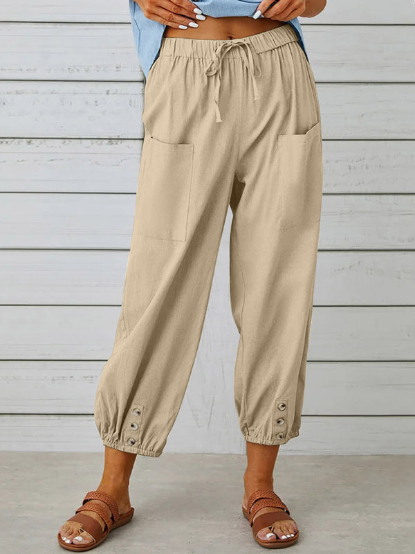Loose high-waisted button-down cotton and linen cropped trousers wide-leg women's trousers