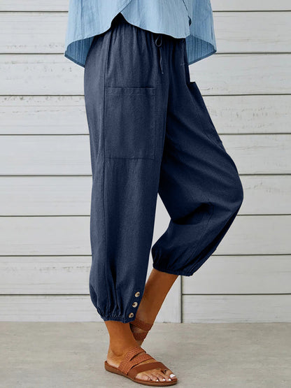 Loose high-waisted button-down cotton and linen cropped trousers wide-leg women's trousers
