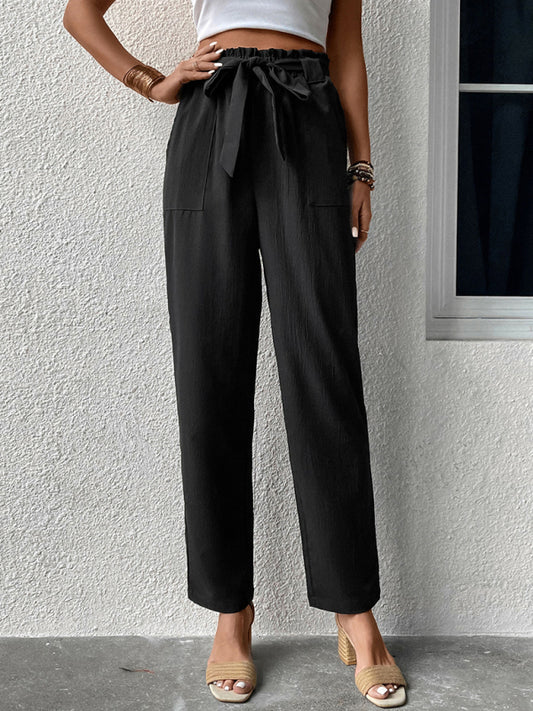 Women's Solid Color Tie Waist High Rise Trousers