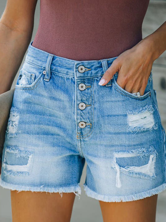 style ripped patch tassel personality one-row button denim shorts hot pants