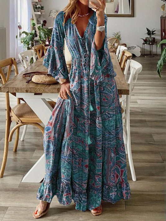 Floral Print Flare Sleeve Maxi Dress