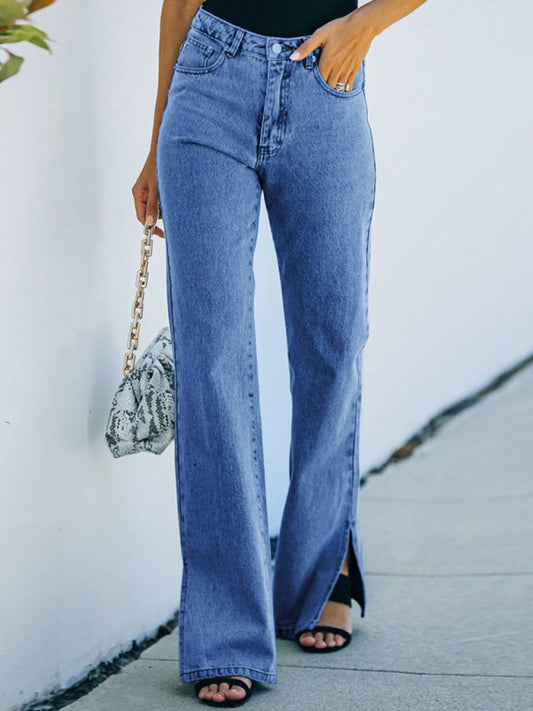 Washed slit mid-waist denim trousers casual trousers