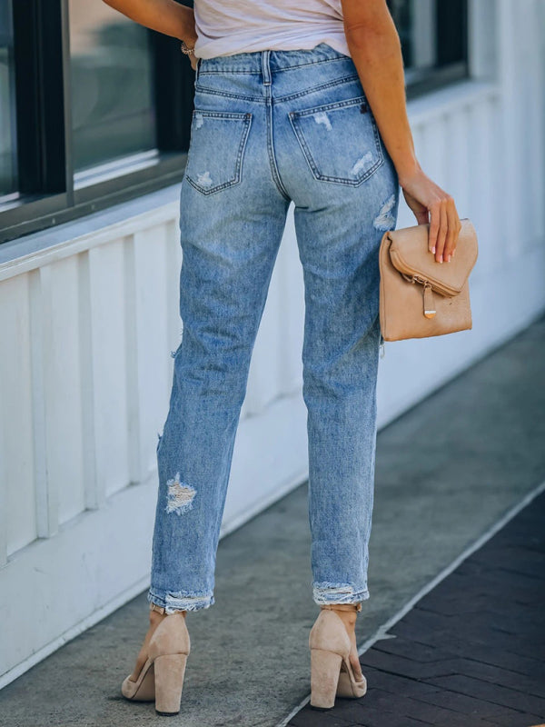 Ripped skinny denim cropped straight leg washed casual pants