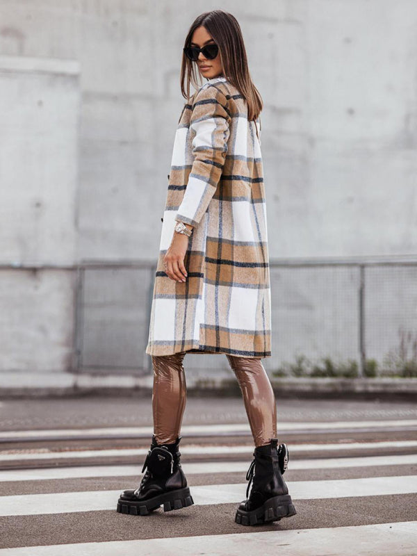 Women's mid-length plaid woolen printed coat