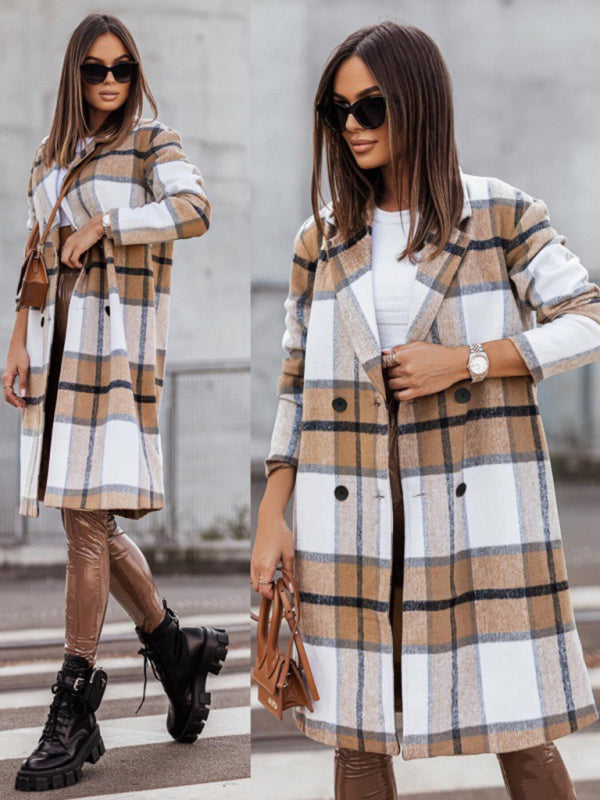Women's mid-length plaid woolen printed coat