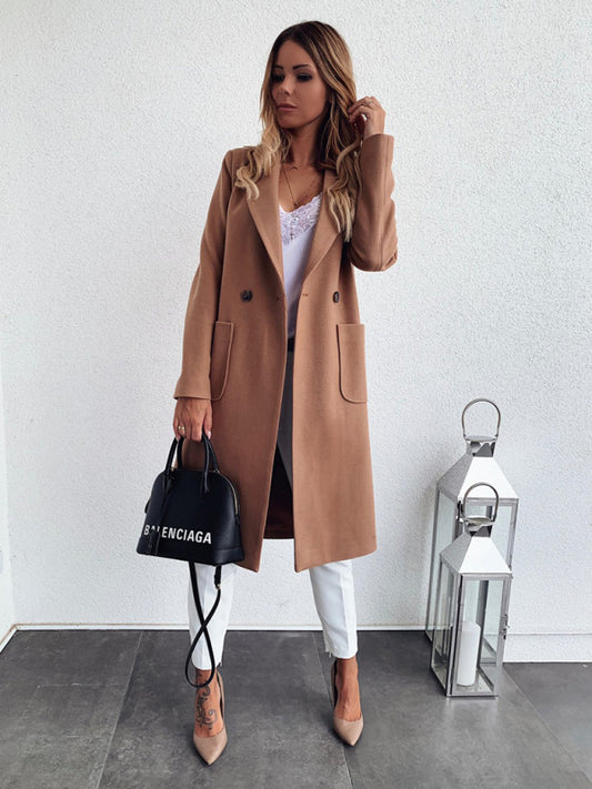 Solid Color Long-Sleeve Coat with Pockets