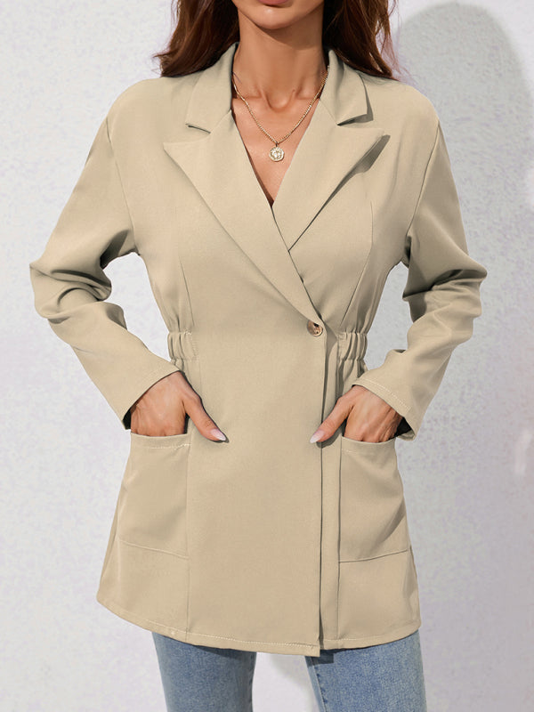 Women's long-sleeved waist-skimming suit collar mid-length jacket