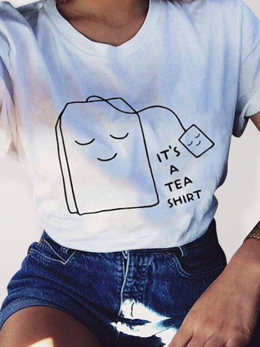 T-shirt avec sachet de thé graphique pour femmes, visage souriant 