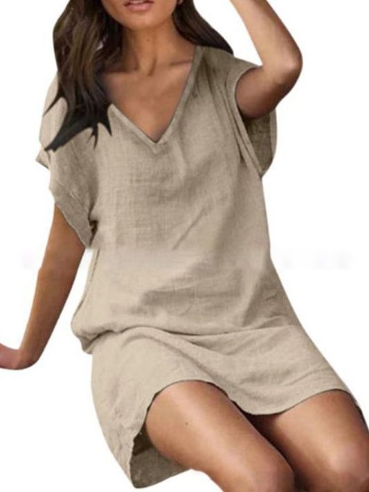 Robe chemise en mélange de lin de couleur unie pour femmes 